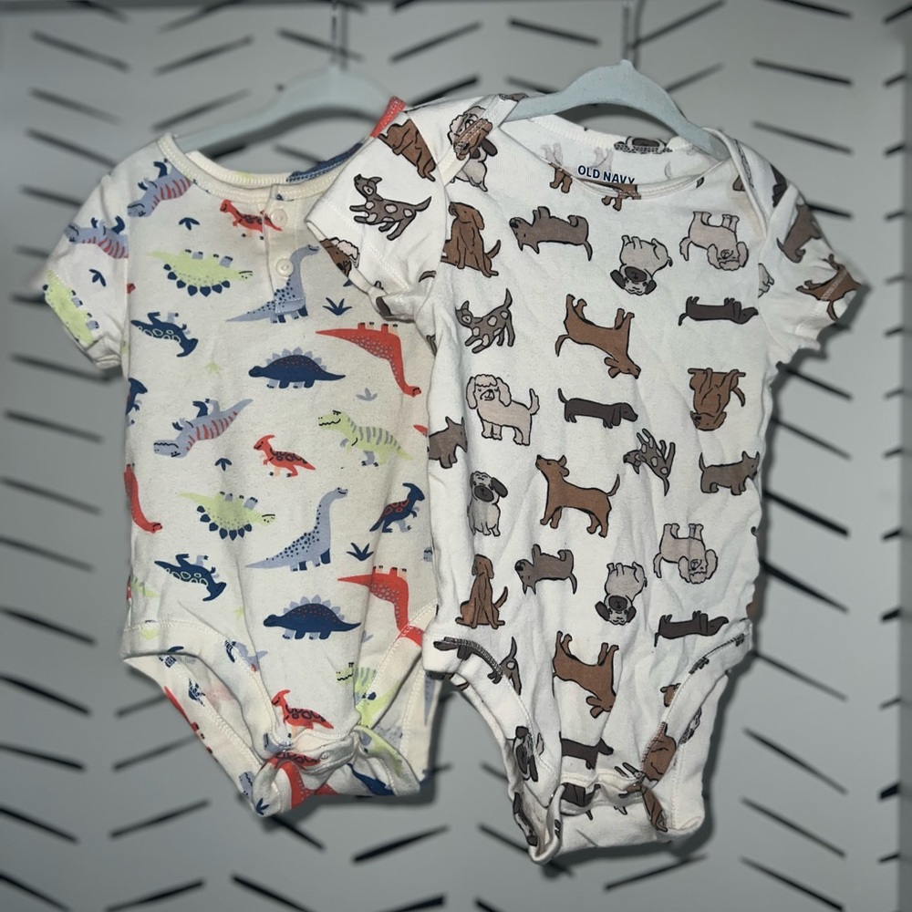 Old Navy Kids Cream Bodysuits with Dinosaur and Dog Prints